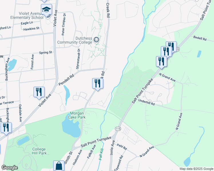 map of restaurants, bars, coffee shops, grocery stores, and more near 102 Creek Road in Poughkeepsie