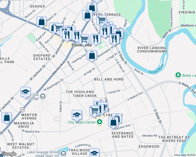 map of restaurants, bars, coffee shops, grocery stores, and more near 190 Liberty Street in Painesville