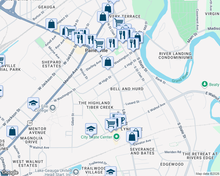 map of restaurants, bars, coffee shops, grocery stores, and more near 190 Liberty Street in Painesville