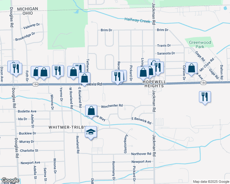 map of restaurants, bars, coffee shops, grocery stores, and more near 1917 West Alexis Road in Toledo