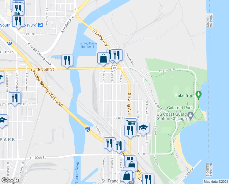 map of restaurants, bars, coffee shops, grocery stores, and more near 9612 South Avenue L in Chicago