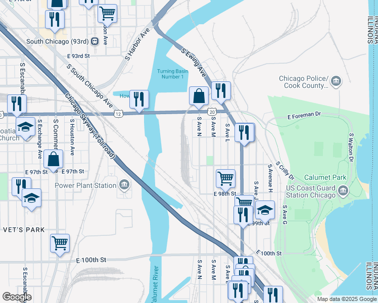 map of restaurants, bars, coffee shops, grocery stores, and more near 9600 South Avenue North in Chicago