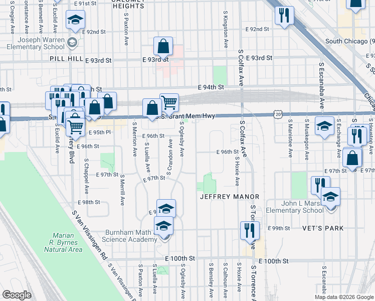 map of restaurants, bars, coffee shops, grocery stores, and more near 9609 South Oglesby Avenue in Chicago