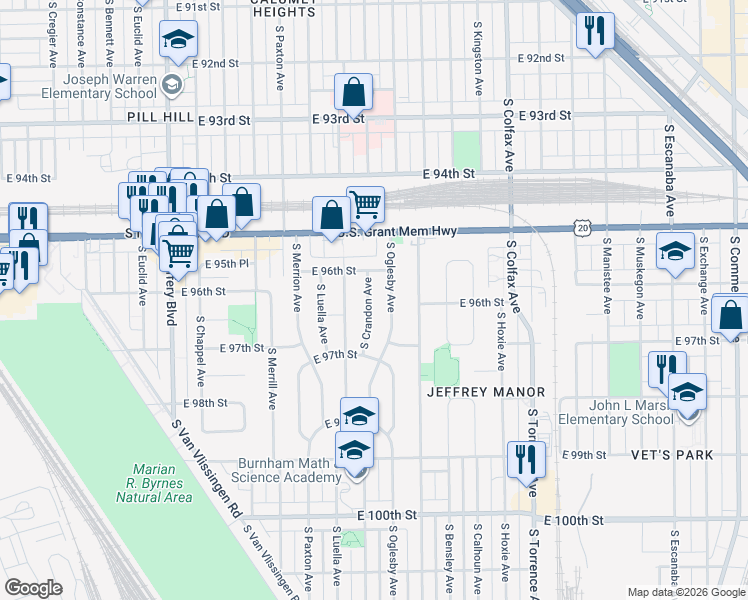 map of restaurants, bars, coffee shops, grocery stores, and more near 9610 South Crandon Avenue in Chicago