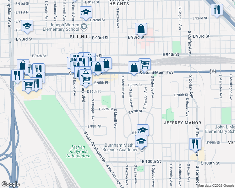 map of restaurants, bars, coffee shops, grocery stores, and more near 9608 South Merrion Avenue in Chicago