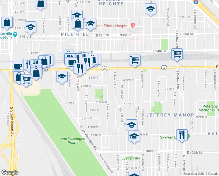 map of restaurants, bars, coffee shops, grocery stores, and more near 9608 South Merrion Avenue in Chicago