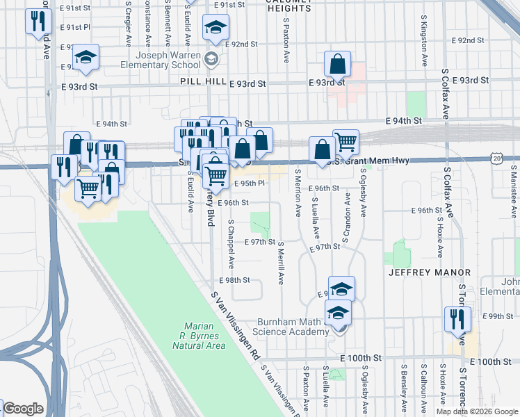 map of restaurants, bars, coffee shops, grocery stores, and more near 2122 East 96th Street in Chicago