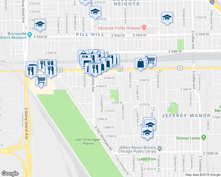 map of restaurants, bars, coffee shops, grocery stores, and more near 2122 East 96th Street in Chicago