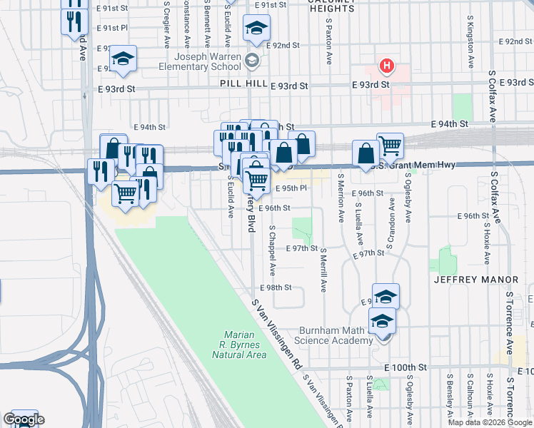 map of restaurants, bars, coffee shops, grocery stores, and more near 9548 South Chappel Avenue in Chicago