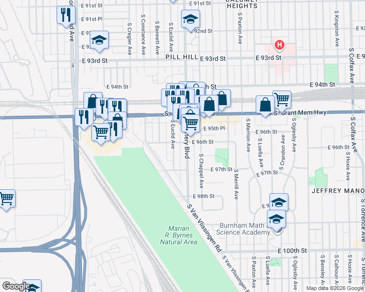 map of restaurants, bars, coffee shops, grocery stores, and more near 9551 South Euclid Avenue in Chicago