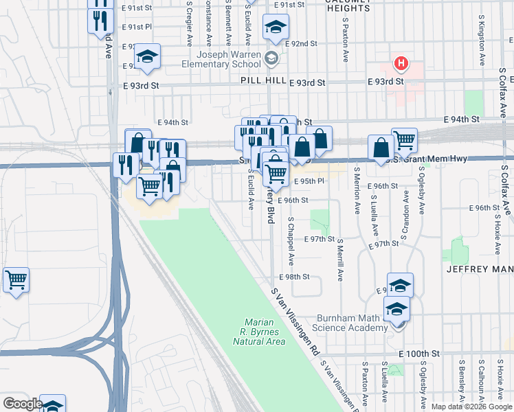 map of restaurants, bars, coffee shops, grocery stores, and more near 9551 South Euclid Avenue in Chicago