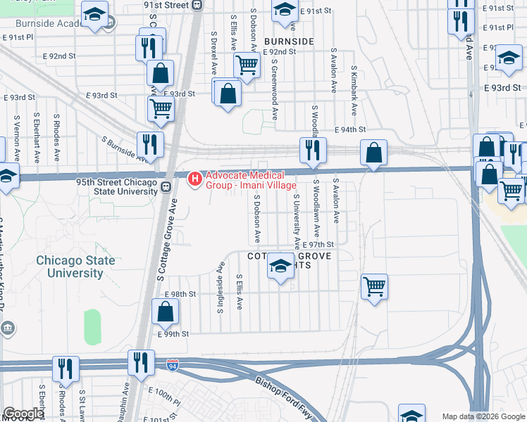 map of restaurants, bars, coffee shops, grocery stores, and more near 9536 South Dobson Avenue in Chicago