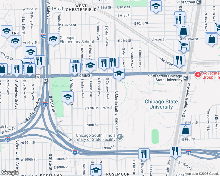 map of restaurants, bars, coffee shops, grocery stores, and more near 9529 South Calumet Avenue in Chicago