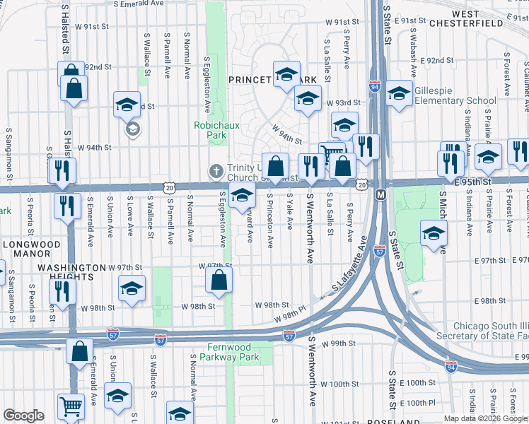 map of restaurants, bars, coffee shops, grocery stores, and more near 9514 South Princeton Avenue in Chicago
