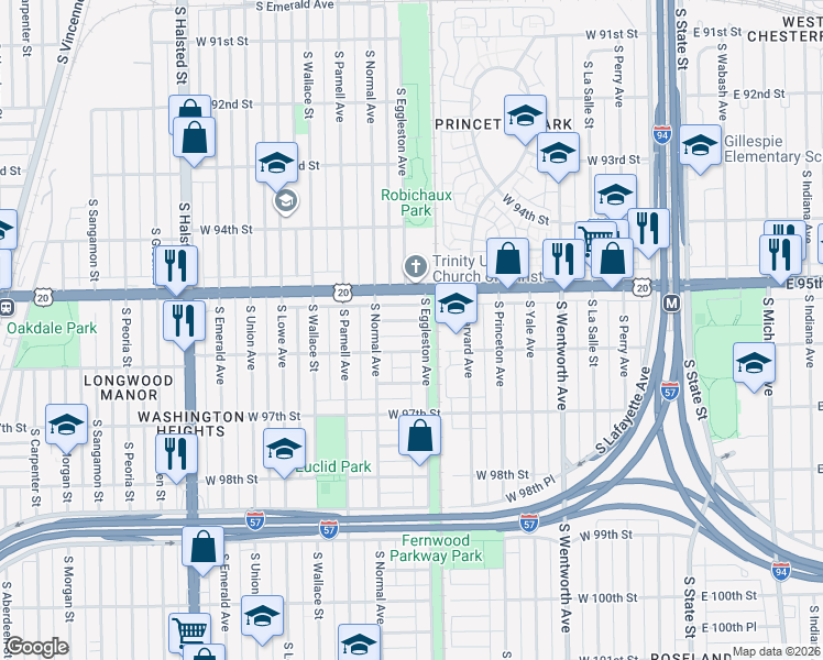 map of restaurants, bars, coffee shops, grocery stores, and more near 412 West 95th Place in Chicago