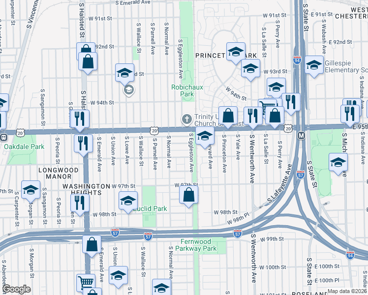 map of restaurants, bars, coffee shops, grocery stores, and more near 412 West 95th Place in Chicago