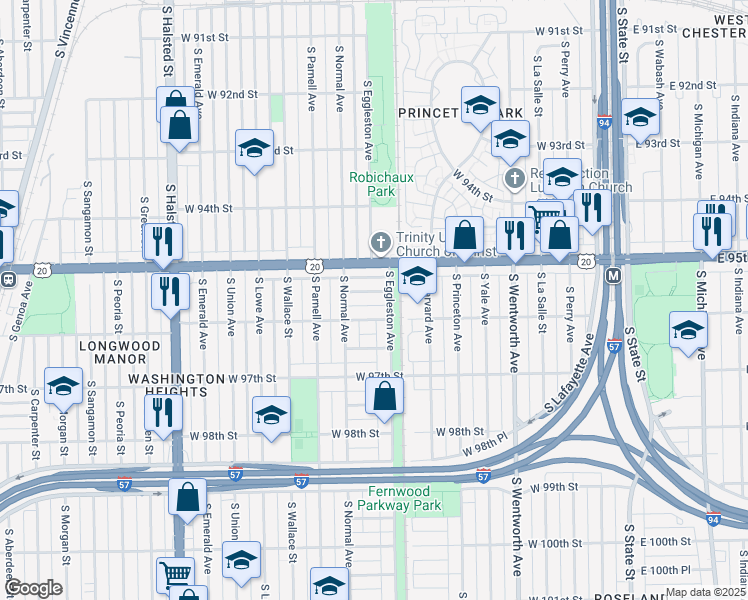 map of restaurants, bars, coffee shops, grocery stores, and more near 412 West 95th Place in Chicago