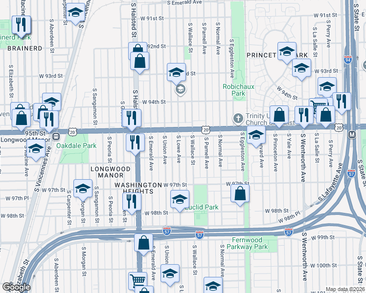 map of restaurants, bars, coffee shops, grocery stores, and more near 9515 South Lowe Avenue in Chicago