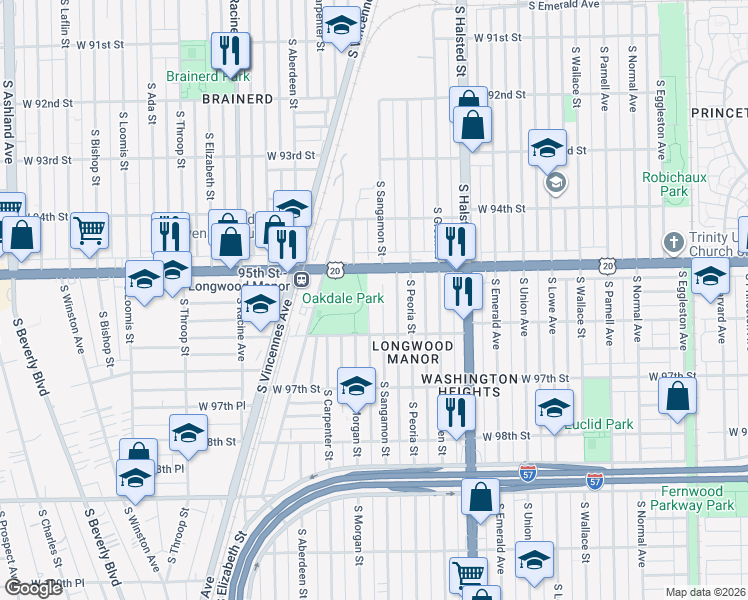 map of restaurants, bars, coffee shops, grocery stores, and more near 9511 South Sangamon Street in Chicago