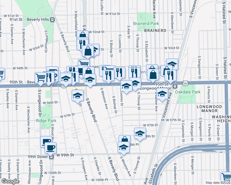 map of restaurants, bars, coffee shops, grocery stores, and more near 1421 West 95th Street in Chicago
