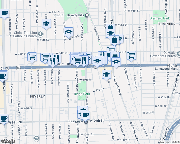 map of restaurants, bars, coffee shops, grocery stores, and more near 1766 West 95th Street in Chicago