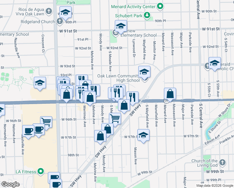 map of restaurants, bars, coffee shops, grocery stores, and more near 9425 Meade Avenue in Oak Lawn