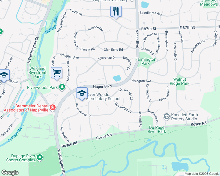 map of restaurants, bars, coffee shops, grocery stores, and more near 529 Alexandria Drive in Naperville