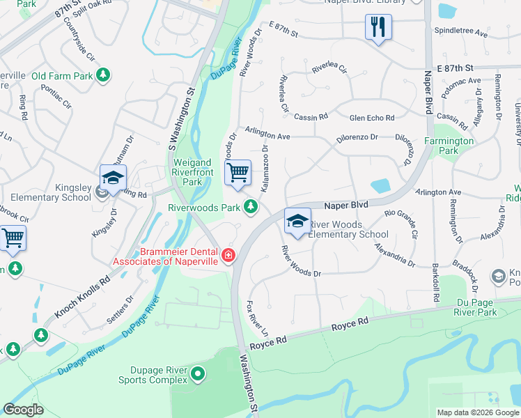 map of restaurants, bars, coffee shops, grocery stores, and more near 2426 River Woods Drive in Naperville