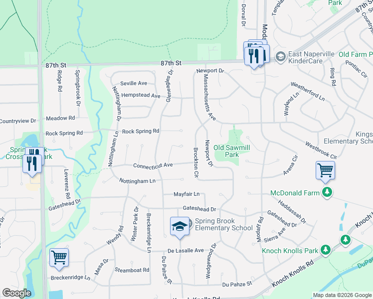 map of restaurants, bars, coffee shops, grocery stores, and more near 2307 Wilmington Court in Naperville