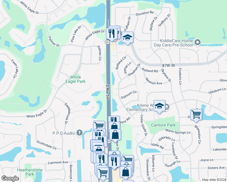 map of restaurants, bars, coffee shops, grocery stores, and more near 8713-9099 Illinois 59 in Naperville
