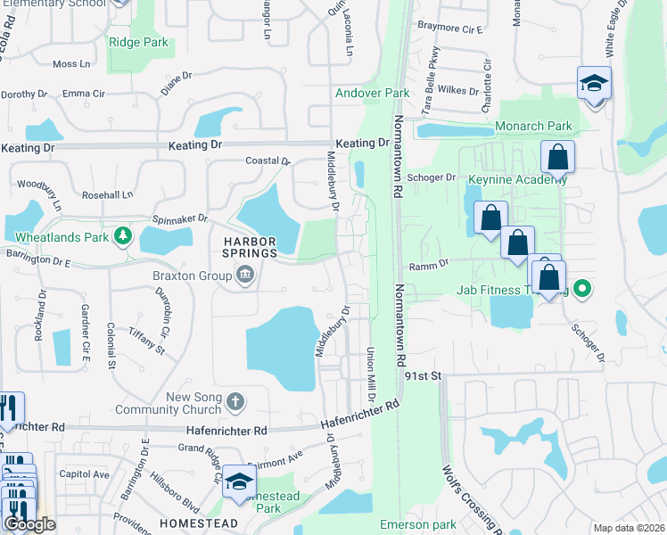 map of restaurants, bars, coffee shops, grocery stores, and more near 2299 Middlebury Drive in Aurora