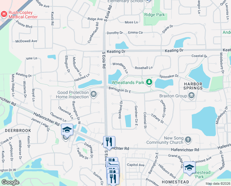 map of restaurants, bars, coffee shops, grocery stores, and more near 1930 Rockland Drive in Aurora