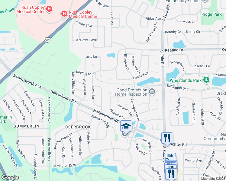 map of restaurants, bars, coffee shops, grocery stores, and more near 2253 Halsted Court in Aurora
