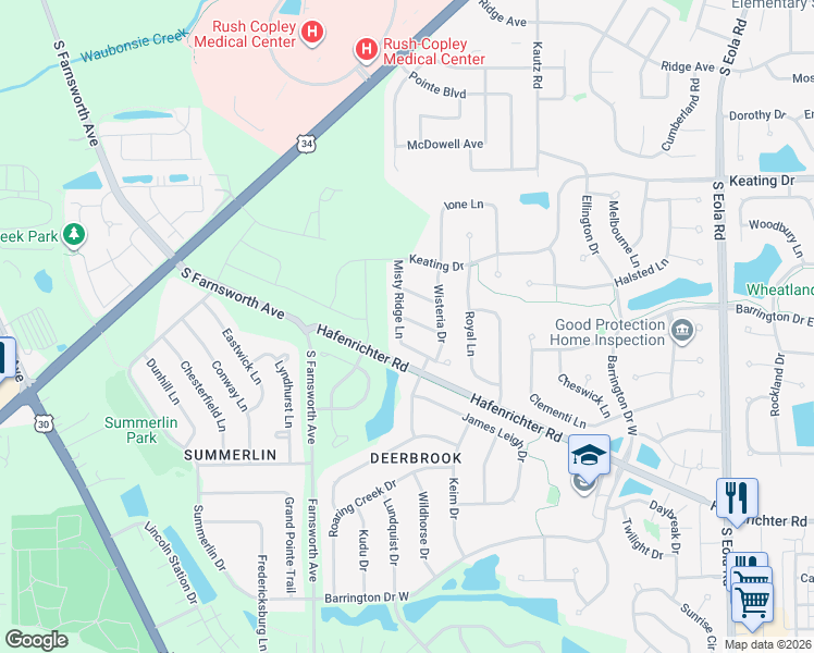 map of restaurants, bars, coffee shops, grocery stores, and more near 1893 Misty Ridge Lane in Aurora
