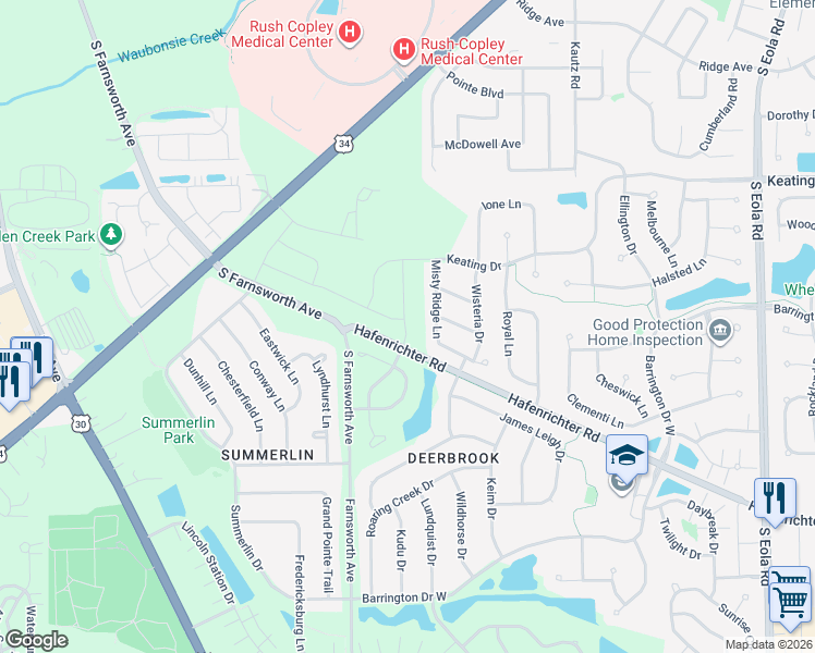 map of restaurants, bars, coffee shops, grocery stores, and more near 1889 Misty Ridge Lane in Aurora