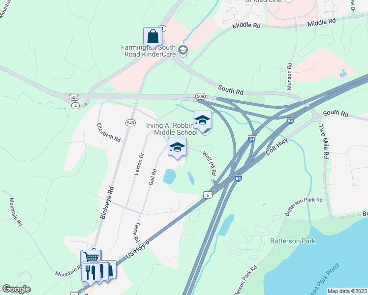 map of restaurants, bars, coffee shops, grocery stores, and more near 25 Wolf Pit Road in Farmington