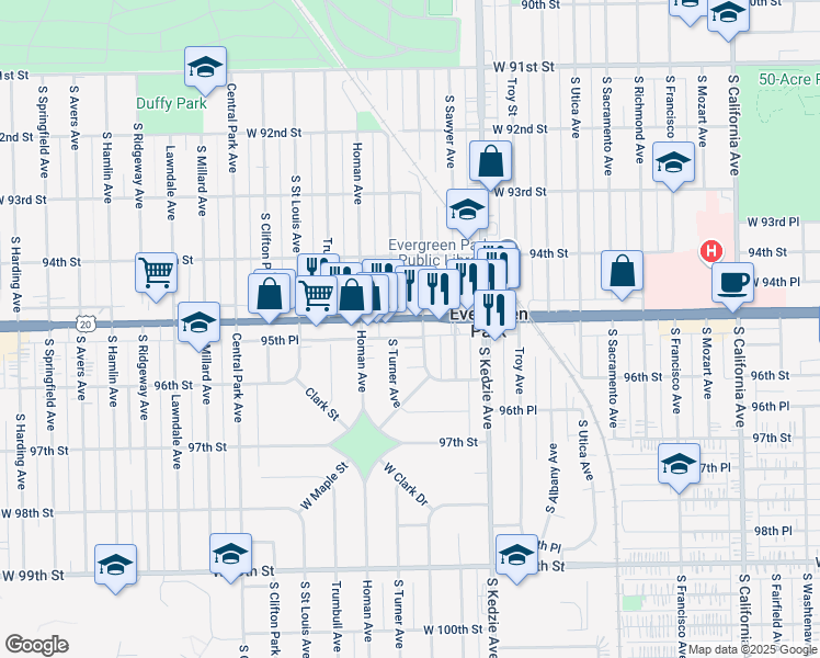 map of restaurants, bars, coffee shops, grocery stores, and more near 3324 95th Street in Evergreen Park