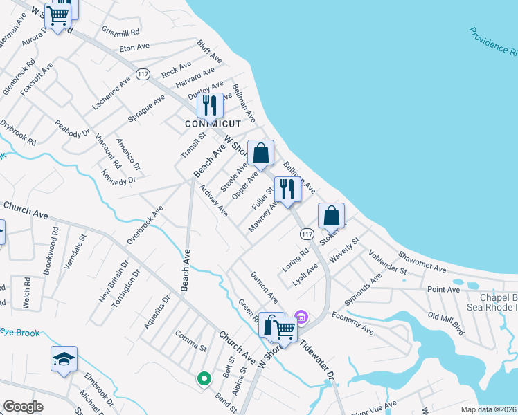map of restaurants, bars, coffee shops, grocery stores, and more near 871 West Shore Road in Warwick