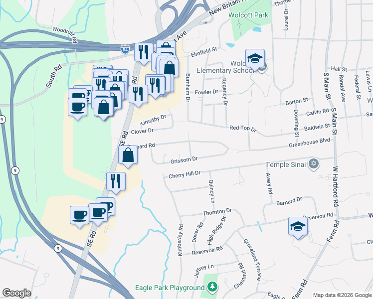 map of restaurants, bars, coffee shops, grocery stores, and more near 56 Shepard Road in West Hartford