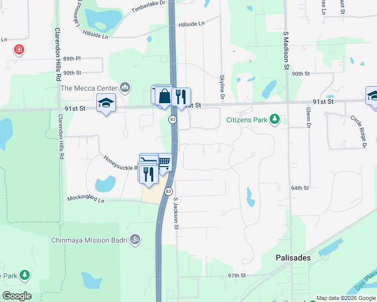 map of restaurants, bars, coffee shops, grocery stores, and more near 9284 Cascade Circle in Burr Ridge