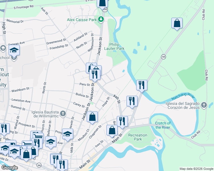 map of restaurants, bars, coffee shops, grocery stores, and more near 3 Pleasant View Avenue in Windham