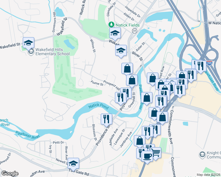map of restaurants, bars, coffee shops, grocery stores, and more near 73 Prospect Hill Avenue in West Warwick