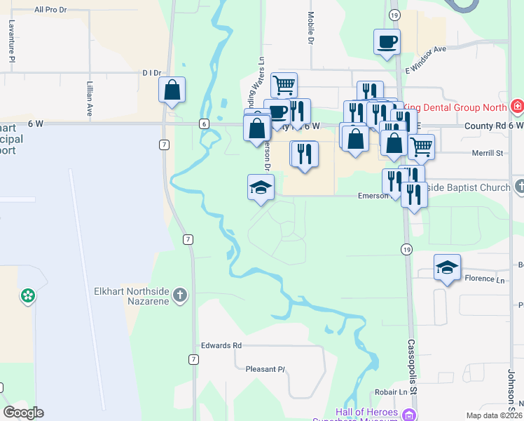 map of restaurants, bars, coffee shops, grocery stores, and more near in Elkhart