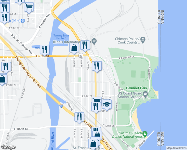 map of restaurants, bars, coffee shops, grocery stores, and more near 9630 South Ewing Avenue in Chicago