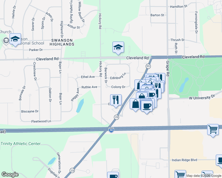 map of restaurants, bars, coffee shops, grocery stores, and more near 16801-16999 Colony Dr in South Bend