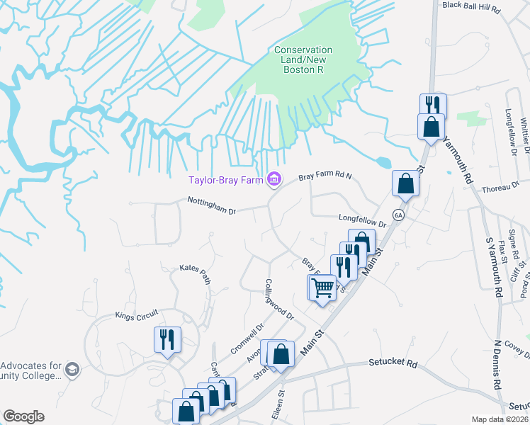 map of restaurants, bars, coffee shops, grocery stores, and more near 103 Bray Farm Road North in Yarmouth
