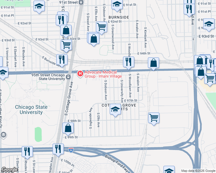 map of restaurants, bars, coffee shops, grocery stores, and more near 9536 South Dobson Avenue in Chicago
