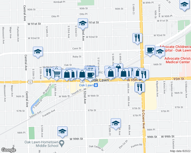 map of restaurants, bars, coffee shops, grocery stores, and more near 9440 South 51st Avenue in Oak Lawn