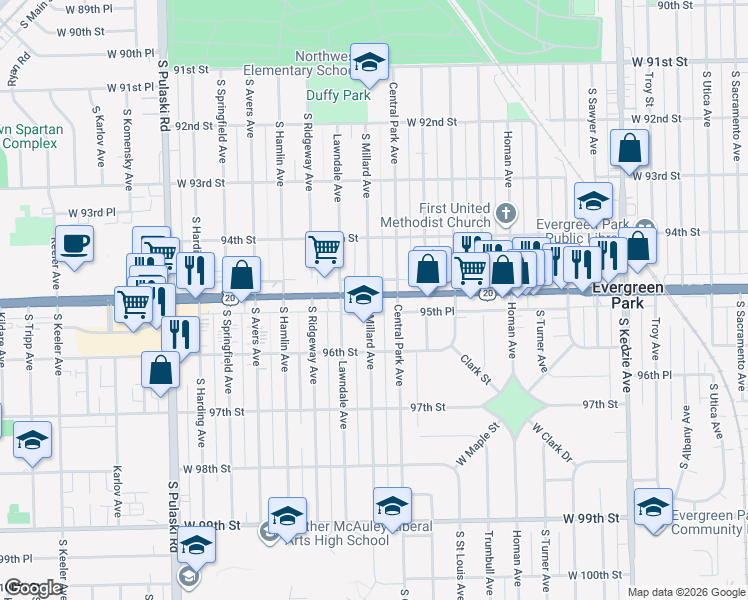 map of restaurants, bars, coffee shops, grocery stores, and more near 3600 West 95th Street in Evergreen Park