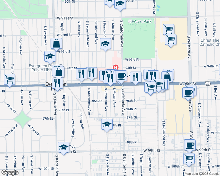 map of restaurants, bars, coffee shops, grocery stores, and more near 2850 West 95th Street in Evergreen Park